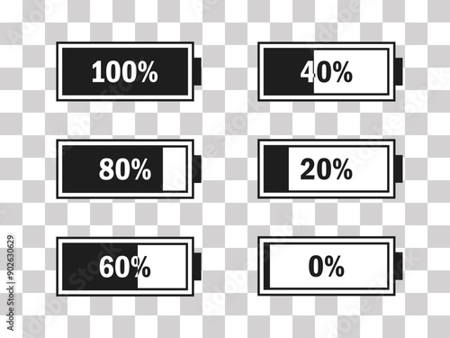 Level battery energy icon set. Powerfully full and power low up status batteries. Energy reusing concept. Alkaline tags. Battery charging point, charge indicator. Mobile plug. Vector illustration.