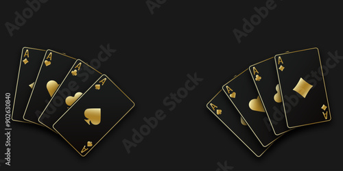 A hand fan of playing cards consisting of black and golden Ace of Spades, Diamonds, Clubs, Hearts. Vector illustration poker and casino of all the aces on black table background.