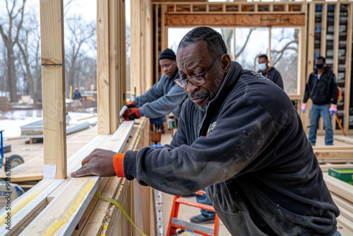 A group of volunteers installing new windows and doors in a house being renovated for a low-income family. photo