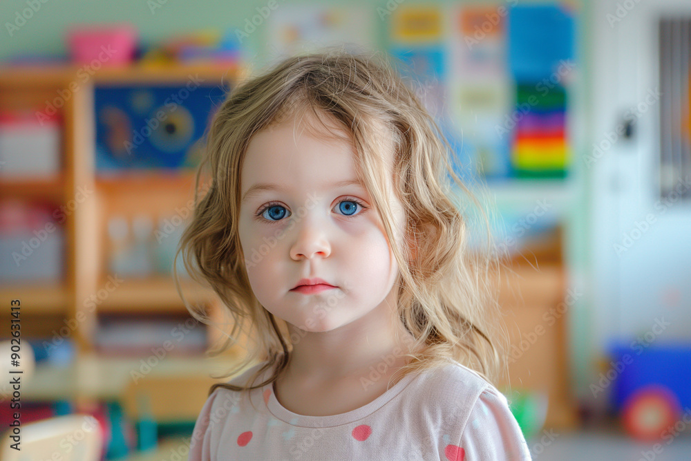 Portrait of a little 2-year-old girl in a nursery school. Girl is in front of us in a concern expression. Serious Portrait of a little 2-year-old girl in a nursery school. Girl is in front of us in a concern expression. Serious