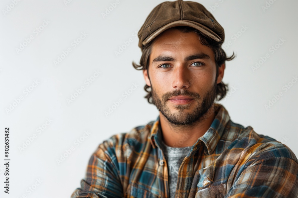 Brutal man with thick beard and mustache. Young guy in cap and plaid shirt. Portrait of smiling man on gray background Brutal man with thick beard and mustache. Young guy in cap and plaid shirt. Portrait of smiling man on gray background
