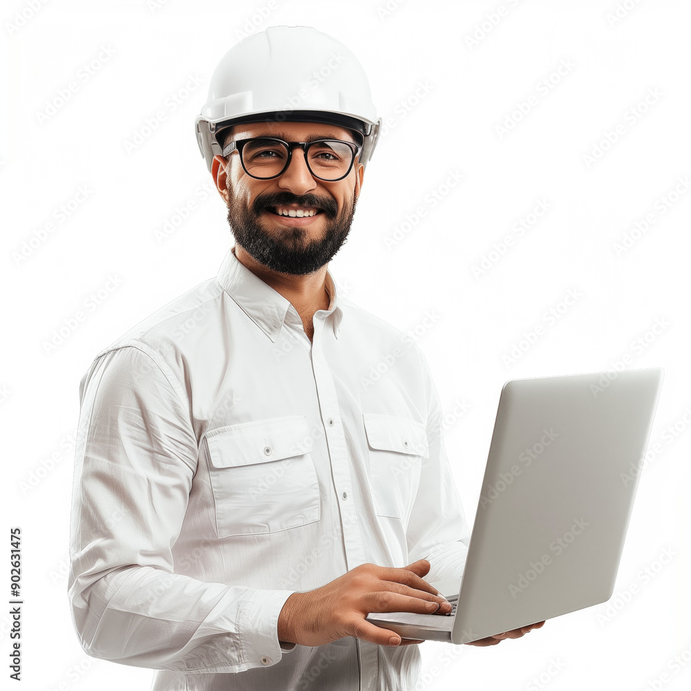 Man engineer with open laptop. Guy is construction bureau manager. Engineer smiling while standing on white background Man engineer with open laptop. Guy is construction bureau manager. Engineer smiling while standing on white background