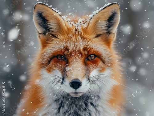 Captivating Red Fox Peering through Snowy Forest Vibrant Wildlife Portrait Concept