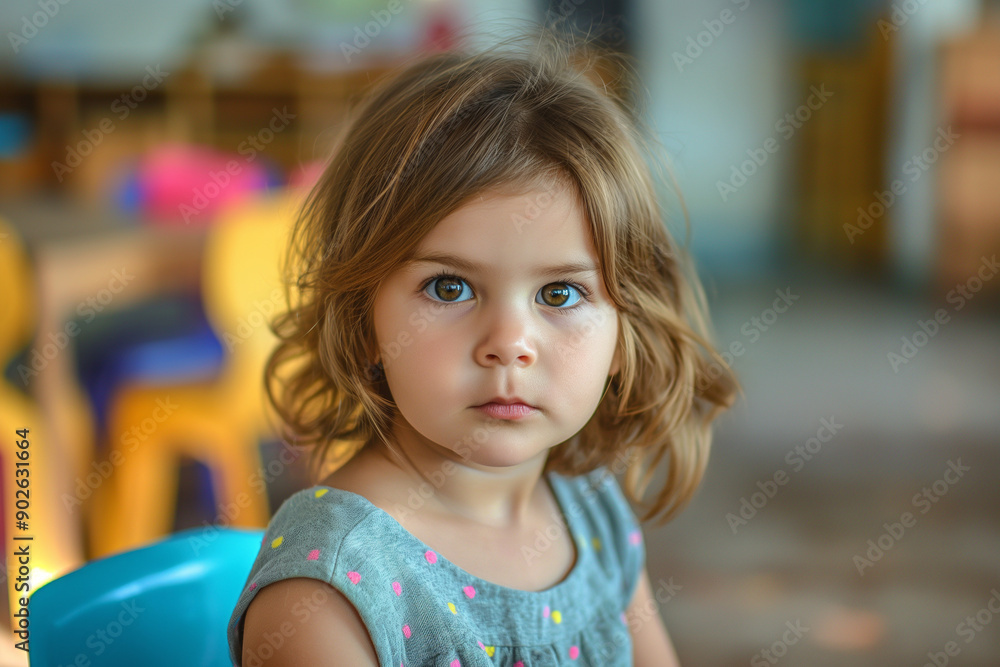 Portrait of a little 2-year-old girl in a nursery school. Girl is in front of us in a concern expression. Serious Portrait of a little 2-year-old girl in a nursery school. Girl is in front of us in a concern expression. Serious