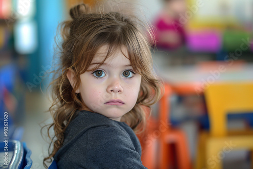 Portrait of a little 2-year-old girl in a nursery school. Girl is in front of us in a concern expression. Serious