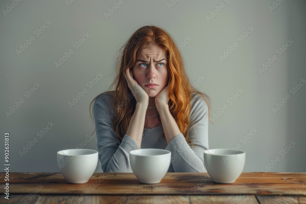 Woman with a pensive look sitting at a wooden table. Three empty white bowls in front of her. Casual setting. Reflective style photograph perfect for conceptual uses. Generative AI Woman with a pensive look sitting at a wooden table. Three empty white bowls in front of her. Casual setting. Reflective style photograph perfect for conceptual uses. Generative AI