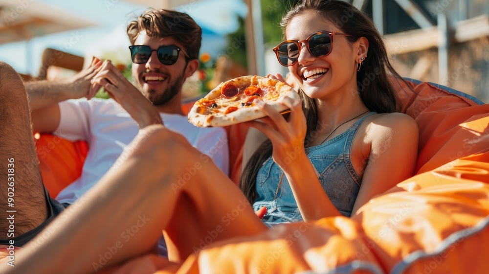 a cropped picture of two lovely young people lounging outside on bean bag chairs, eating pizza, chatting, and grinning while wearing casual attire and sunglasses a cropped picture of two lovely young people lounging outside on bean bag chairs, eating pizza, chatting, and grinning while wearing casual attire and sunglasses