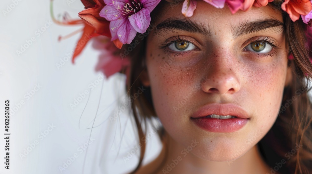 Naklejka premium A woman with a flower headpiece on her head. She has green eyes and a pinkish face
