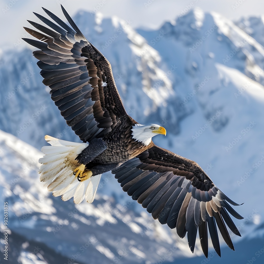 Obraz premium Majestic Bald Eagle Soaring in Rugged Mountain Landscape with Fierce Expression