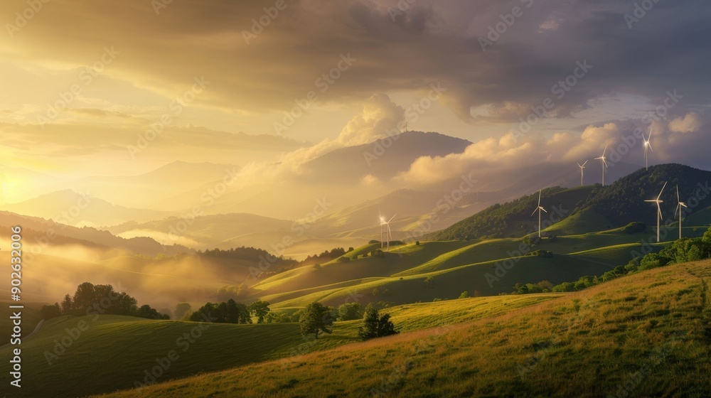 Obraz premium A beautiful landscape with a large number of wind turbines