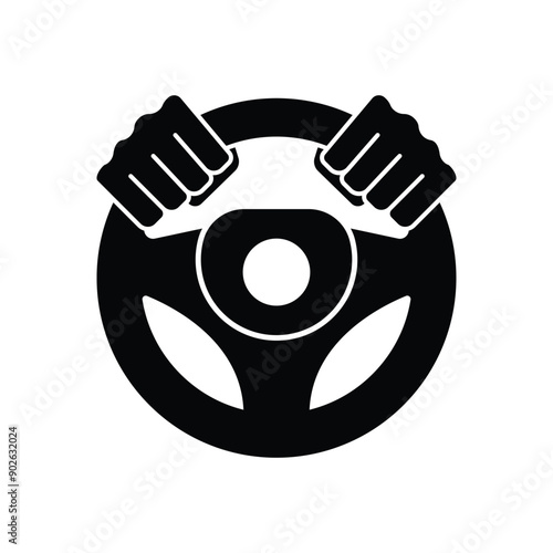 Steering wheel icon. Hands on steering wheel. Driver. Driving car. Test drive. Vector icon isolated on white background.