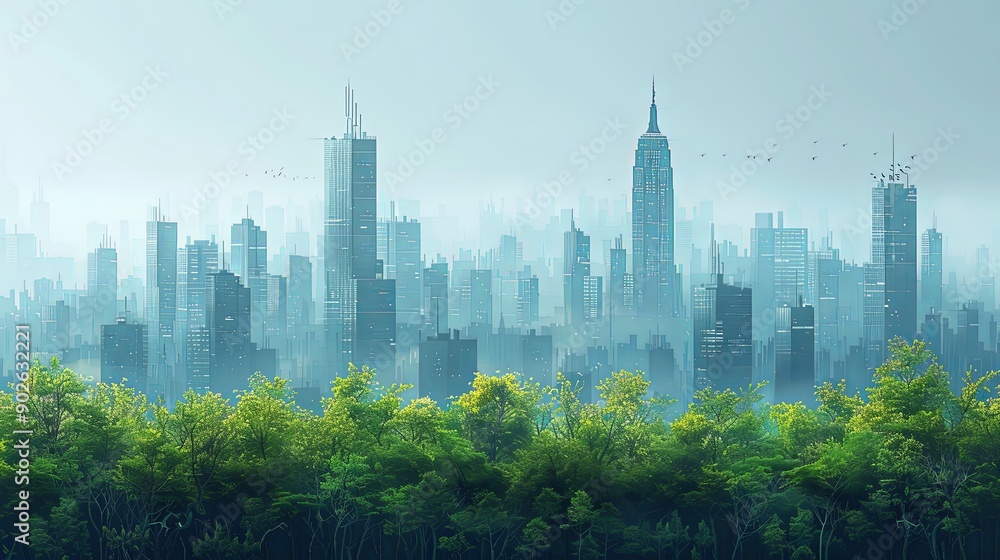 Fototapeta premium vector, illustraiton, Urban skyline from a rooftop garden illustration