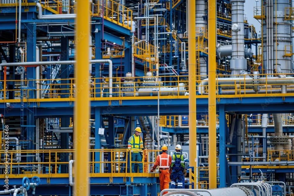 A group of workers in safety gear collaborates on operational tasks at a bustling industrial facility, showcasing teamwork and safety. A group of workers in safety gear collaborates on operational tasks at a bustling industrial facility, showcasing teamwork and safety.