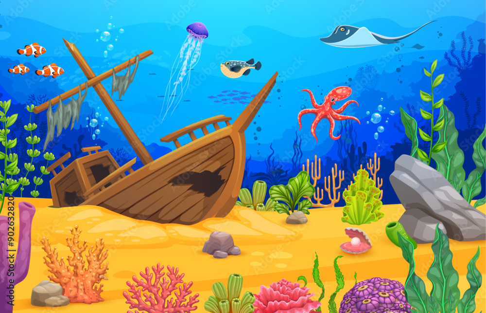Cartoon underwater landscape, game pa with sunken ship, seaweeds and ...