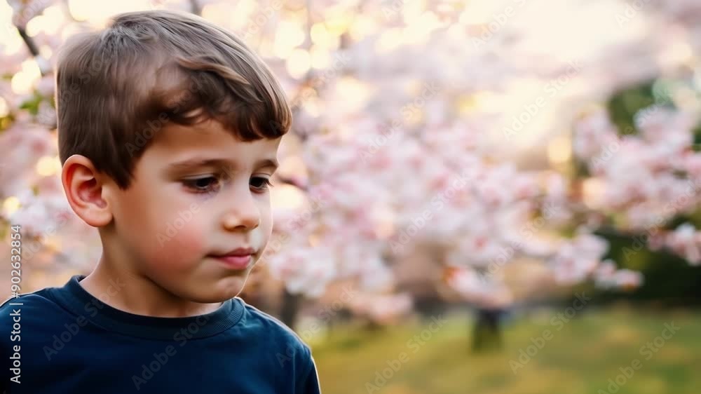 A young boy with a mischievous expression stands a a field of delicate cherry blossom trees his small stature emphasizing the grandeur of nature around him. A young boy with a mischievous expression stands a a field of delicate cherry blossom trees his small stature emphasizing the grandeur of nature around him.