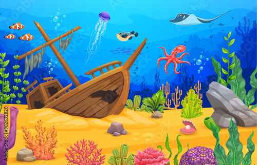 Cartoon underwater landscape, game pa with sunken ship, seaweeds and sea animals. Vector ocean bottom level background with shipwreck scene, coral reefs, fish and tropical marine life