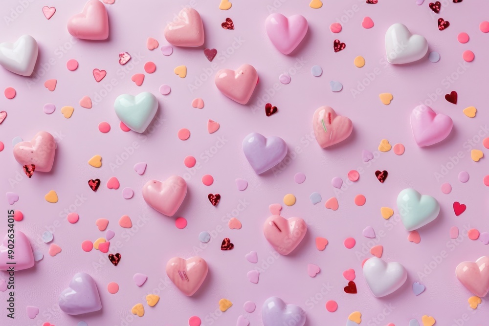 A pink and white background with many hearts and red and pink confetti. The hearts are of different colors and sizes, and the confetti is scattered all over the background A pink and white background with many hearts and red and pink confetti. The hearts are of different colors and sizes, and the confetti is scattered all over the background
