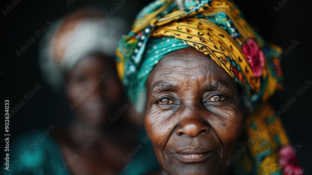 Close-up of elderly woman wearing vibrant traditional headscarf, highlighting her deep, expressive eyes and wrinkled skin, with another figure softly blurred in the background. Close-up of elderly woman wearing vibrant traditional headscarf, highlighting her deep, expressive eyes and wrinkled skin, with another figure softly blurred in the background.