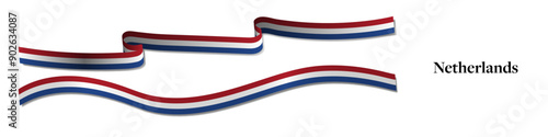 3d Horizontal Long Netherlands Flag Ribbons with shadows, isolated on white background. Dutch Flag Curled and rendered in perspective. Holland Flag band. Editable Vector Illustration.