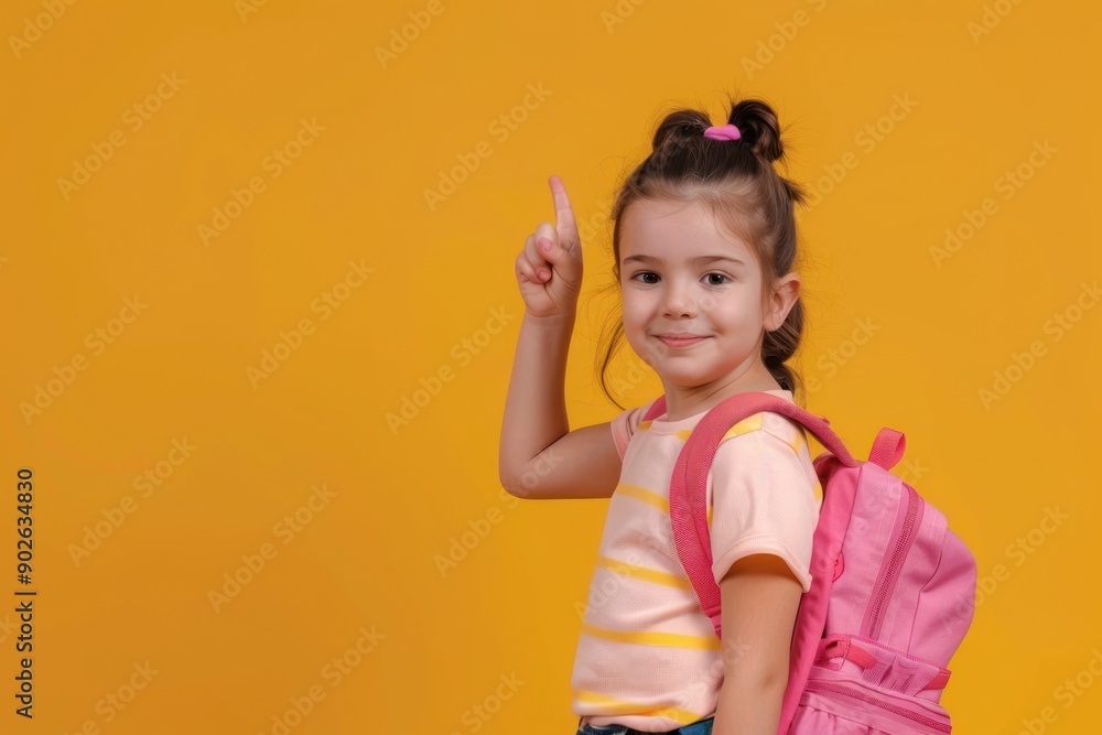 A little girl with backpack doing thump up in her way back to school isolated solid bright color background A little girl with backpack doing thump up in her way back to school isolated solid bright color background
