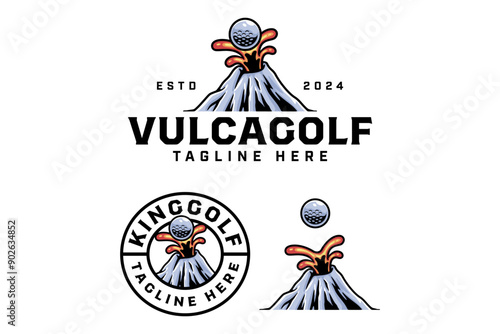 volcanic mountain spewing lava and golf ball badge logo design for golfer and tournament.  golf club professional with volcano, lava and ball sign symbol modern logo.
