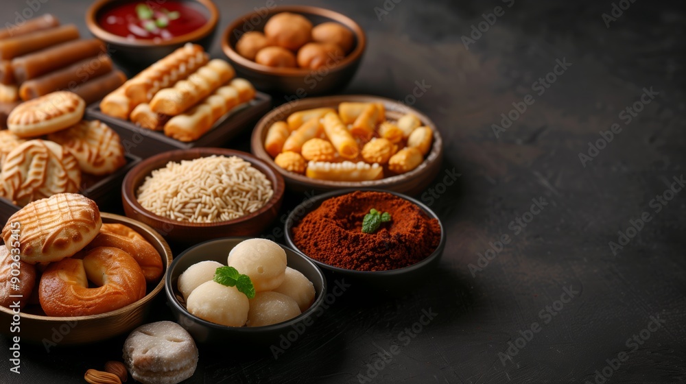 Assortment of Indian sweets and desserts in small bowls on a dark brown surface Assortment of Indian sweets and desserts in small bowls on a dark brown surface