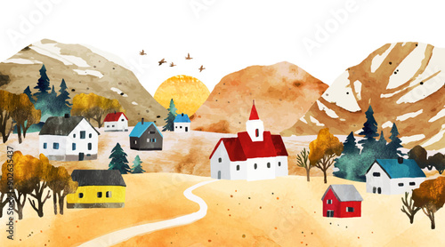 Autumn watercolor vector landscape with village. Horizontal bright Illustration with hills, trees, cozy houses, church, sunrise and space for text