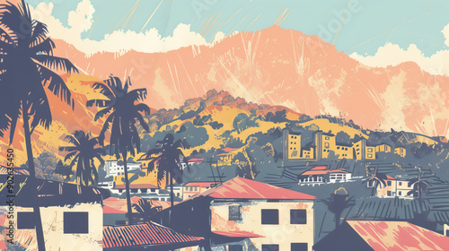 Risograph artsy riso print travel poster, card, wallpaper or banner illustration, modern, isolated, clear, simple of Antsirabe, Madagascar. Texture, backdrop, screen printing, stencil photo