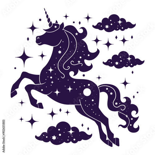 Silhouette of a unicorn with stars and clouds.