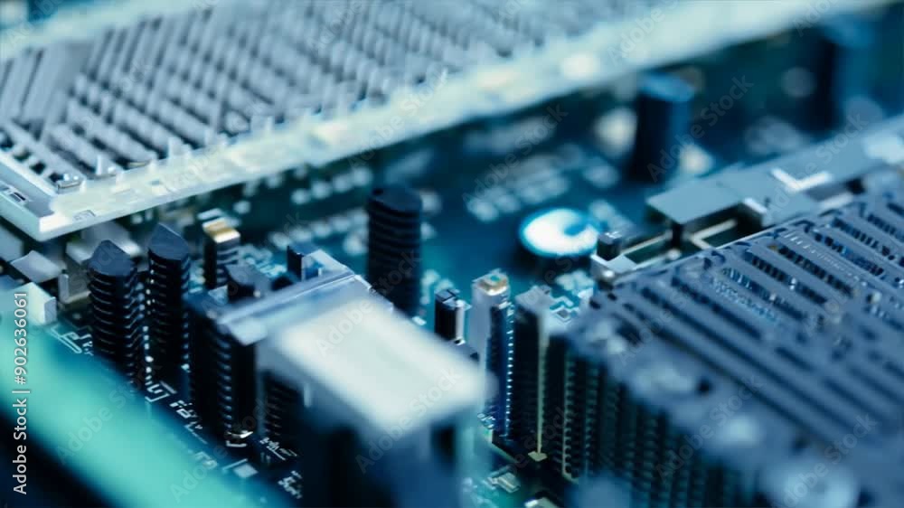 Intricate blue motherboard circuitry, a mesmerizing macro view of digital hardware's core