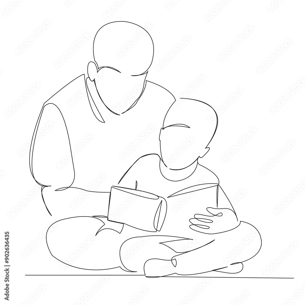 One continuous single drawn line art doodle book, father, child, son, boy. isolated image hand-drawn outline on white background. One continuous single drawn line art doodle book, father, child, son, boy. isolated image hand-drawn outline on white background.