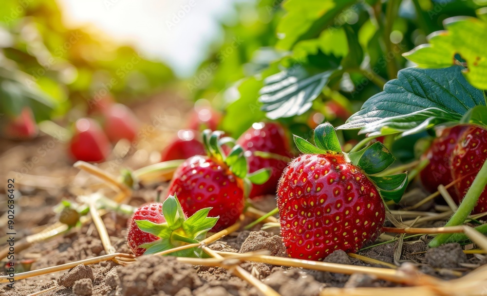 Close-up shot of ripe strawberries growing in a lush green garden with straw mulch Close-up shot of ripe strawberries growing in a lush green garden with straw mulch