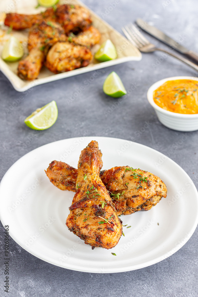 Baked Chicken Drumsticks with Condiment Garnished with Fresh Thyme and Lemon Baked Chicken Drumsticks with Condiment Garnished with Fresh Thyme and Lemon