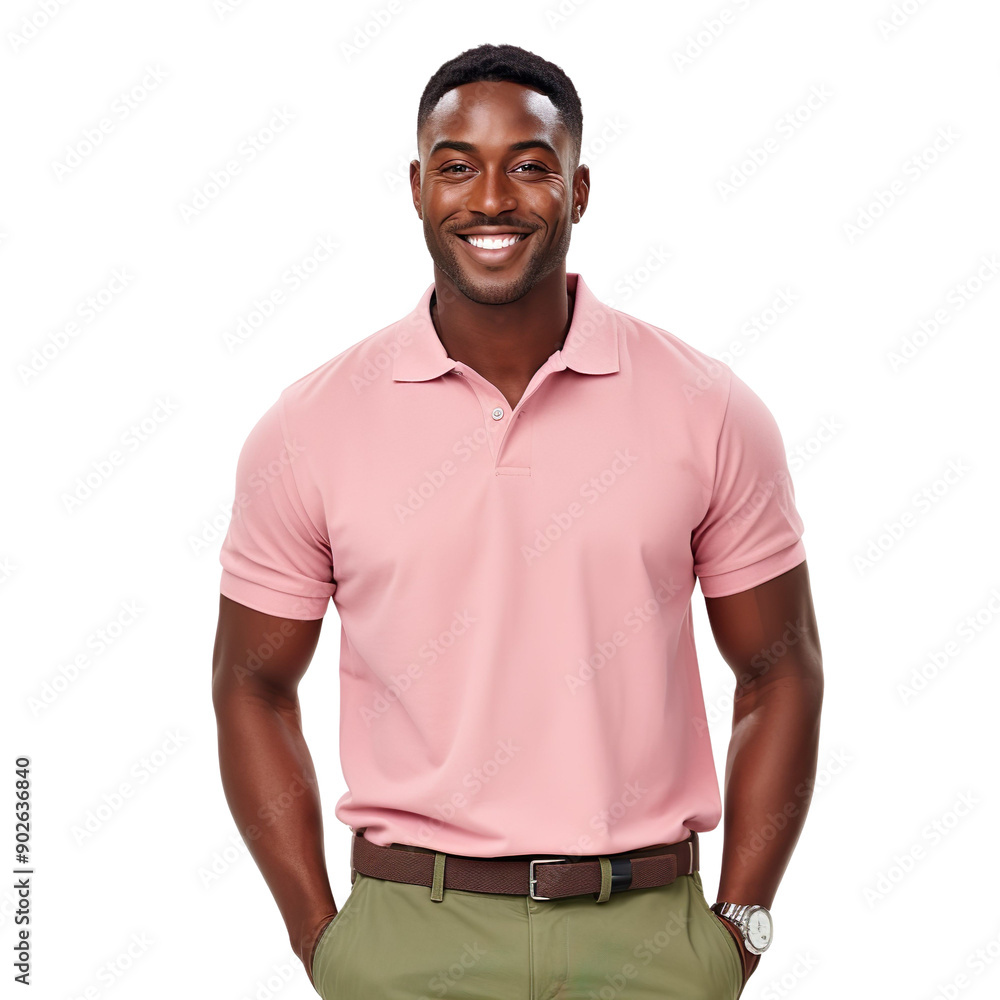 Front view mid shot of a handsome African man dressed in a pink polo shirt and khaki shorts, smiling on a white transparent background Front view mid shot of a handsome African man dressed in a pink polo shirt and khaki shorts, smiling on a white transparent background