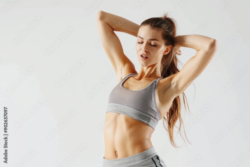 Fototapeta premium Attractive slim girl in sportswear is doing abs exercise on a white background. Healthy lifestyle