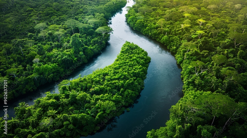 A winding river flows through dense greenery, showcasing the vibrant ecosystem of a rainforest during the early morning A winding river flows through dense greenery, showcasing the vibrant ecosystem of a rainforest during the early morning