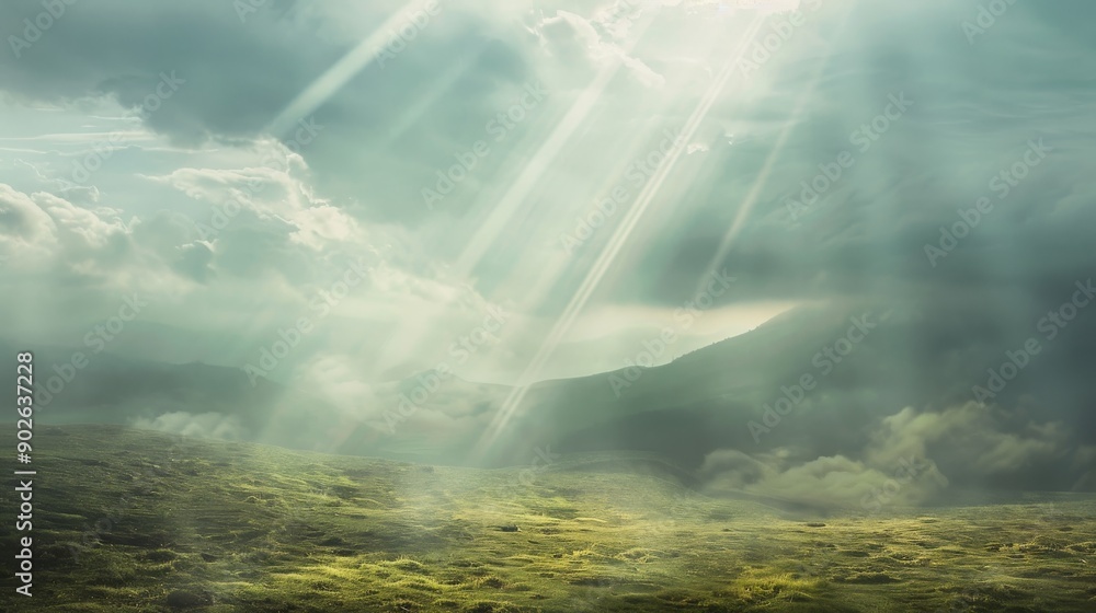 Light rays penetrate the clouds over a tranquil landscape, creating a divine ambiance as dusk settles over the peaceful horizon Light rays penetrate the clouds over a tranquil landscape, creating a divine ambiance as dusk settles over the peaceful horizon