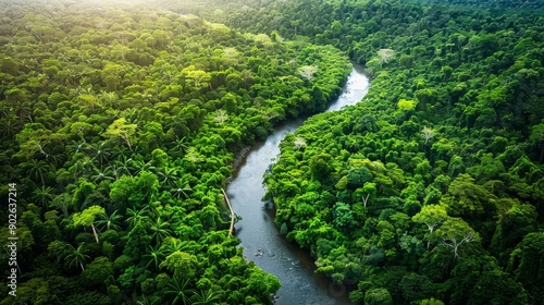 A winding river cuts through a lush rainforest, showcasing the vibrant greenery and natural beauty during early morning hours