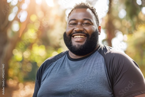 Beautiful Smiling Happy Plus-Sized man of Color Exercising. Large white man Wearing Exercise Fitness