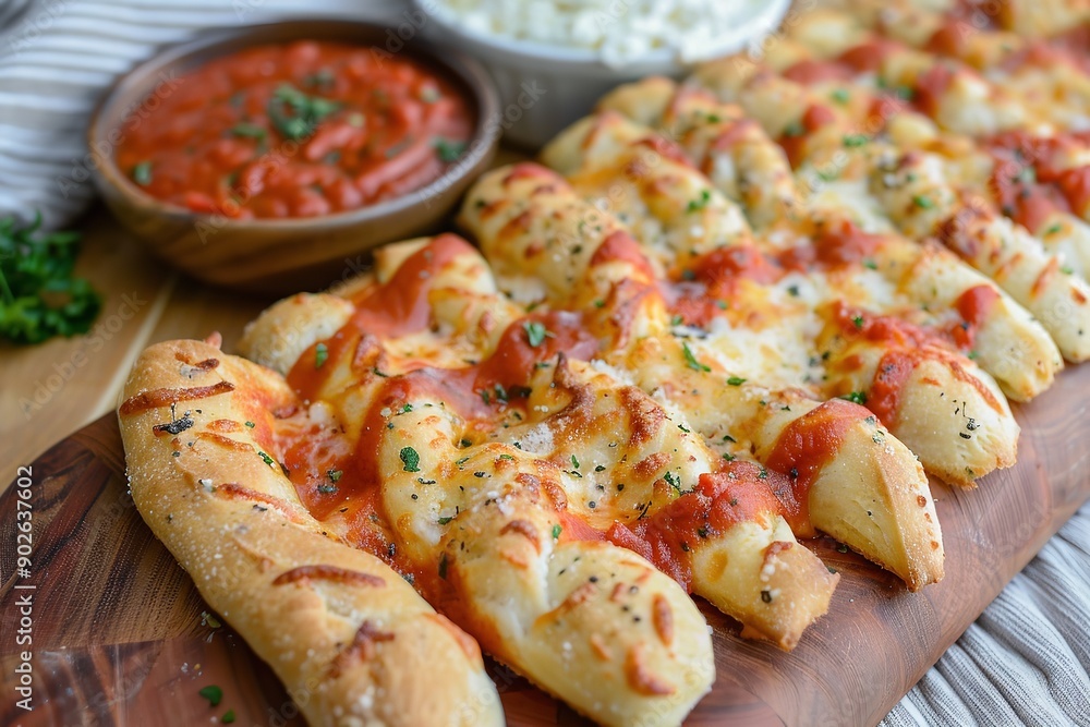 Cheesy breadsticks made at home with marinara, Generative AI. Cheesy breadsticks made at home with marinara, Generative AI.