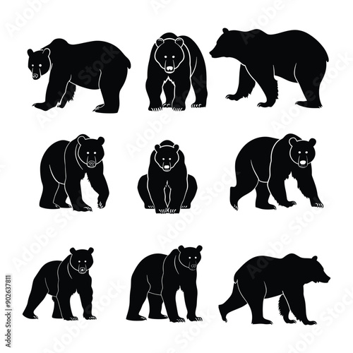 Set of black bear silhouettes in different poses.
