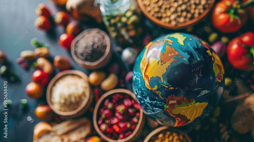 Various colorful foods on table with globe, representing worldwide culinary diversity Various colorful foods on table with globe, representing worldwide culinary diversity