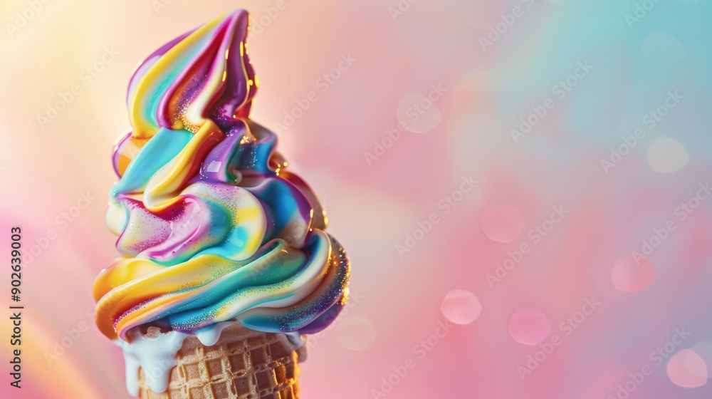 A creatively designed ice cream cone features a swirl of vibrant, multicolored ice cream, standing out against a soft, dreamy backdrop A creatively designed ice cream cone features a swirl of vibrant, multicolored ice cream, standing out against a soft, dreamy backdrop