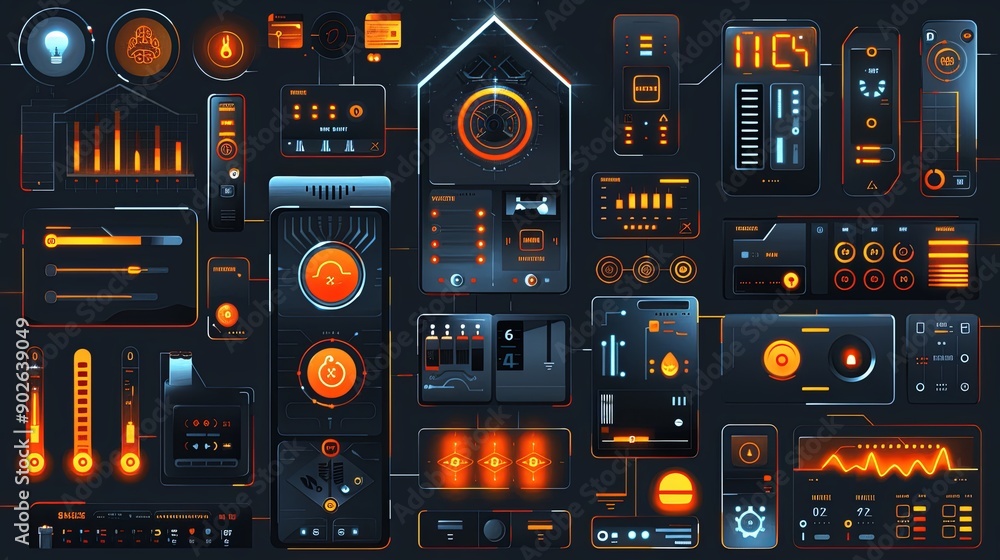 vector, illustration, User interface elements set for Smart home mobile app or web. Kit template with HUD, automation system, remote monitoring, room thermostat control, security. Pack of UI, UX, GUI. vector, illustration, User interface elements set for Smart home mobile app or web. Kit template with HUD, automation system, remote monitoring, room thermostat control, security. Pack of UI, UX, GUI.