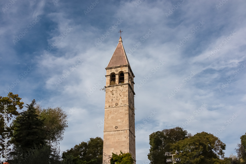 Fototapeta premium Bell tower of the Chapel of the Holy Arnir in historic centre in coastal town of Split in Dalmatia, Southern Croatia, Europe. Tourist destination. Mediterranean architecture in summer