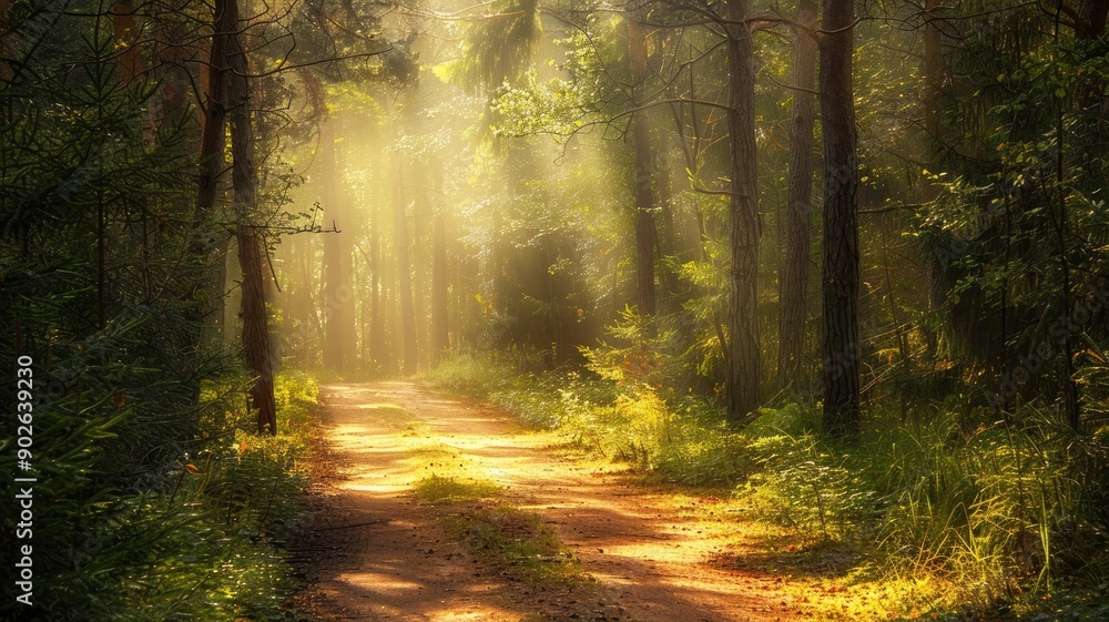 Naklejka premium Sunlight filters through serene forest path, illuminating lush greenery and creating tranquil atmosphere