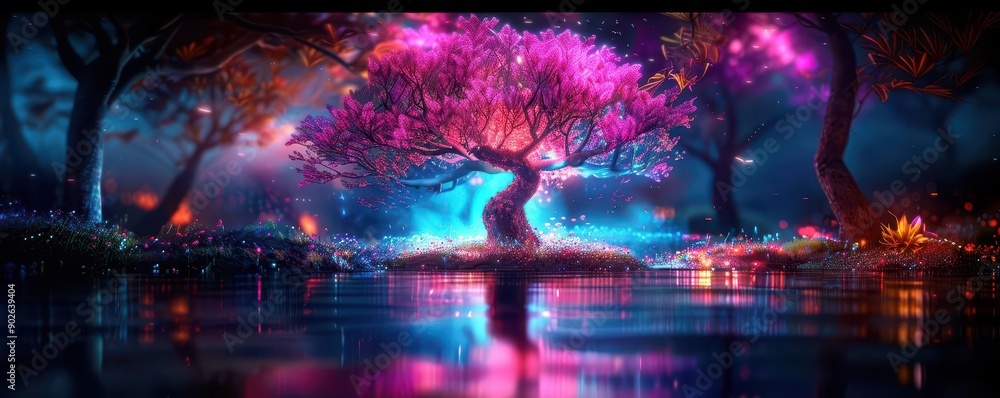 Obraz premium Mythical creatures in a magical forest with glowing flora, Fantasy, Vivid colors, Digital art