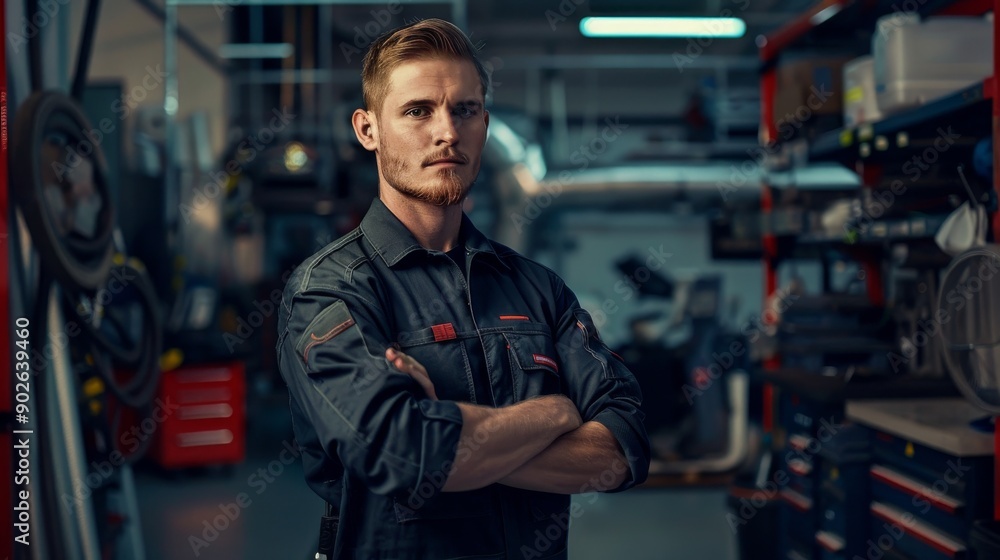 A mechanic stands confidently with crossed arms in a garage, showcasing professionalism and expertise while surrounded by tools and equipment A mechanic stands confidently with crossed arms in a garage, showcasing professionalism and expertise while surrounded by tools and equipment
