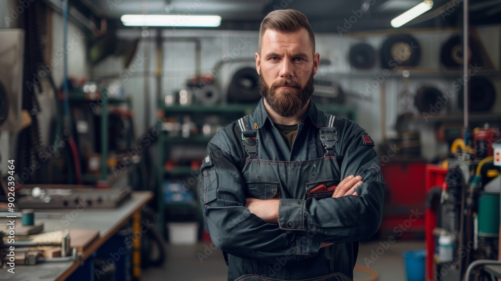 A mechanic stands confidently in a workshop, wearing work overalls and crossing his arms, embodying professionalism and expertise in his field A mechanic stands confidently in a workshop, wearing work overalls and crossing his arms, embodying professionalism and expertise in his field