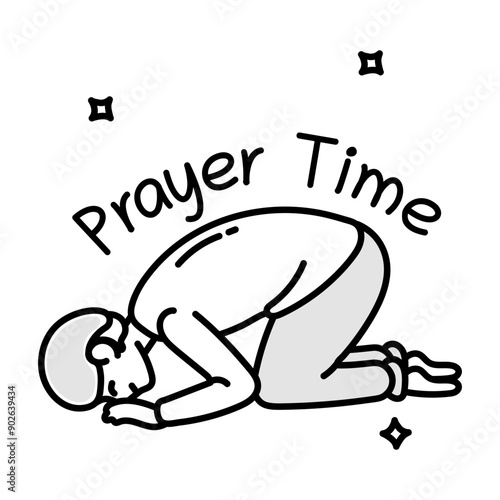 Prostrating man with prayer time typography, doodle icon 

